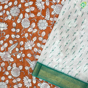 Honey orange multi color kalamkari printed design contrast pink gold zari border fancy cotton saree
