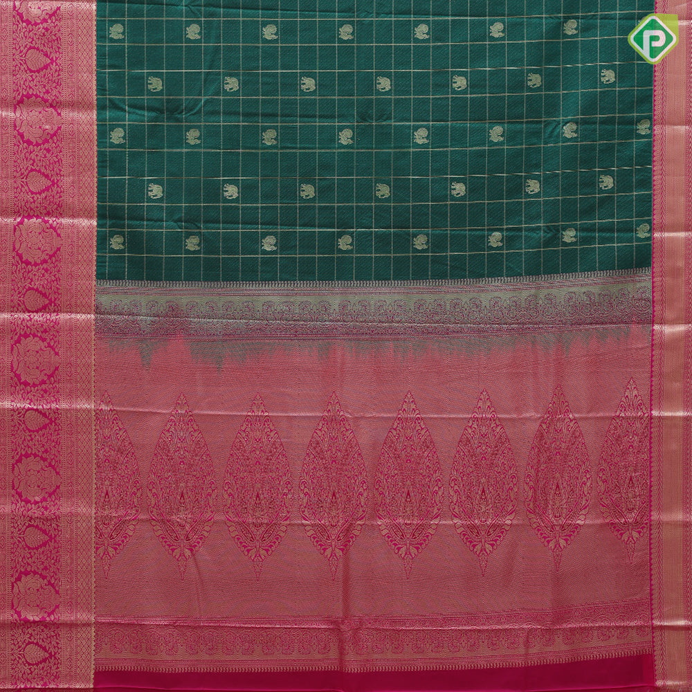 pine green gold zari kattam and elephant butta rani pink gold zari floral design art silk saree