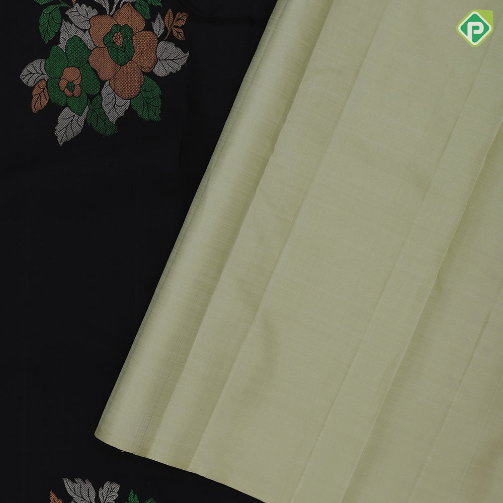 Luxury black with multi color zari flower bunch butta design borderless luxury black silk saree