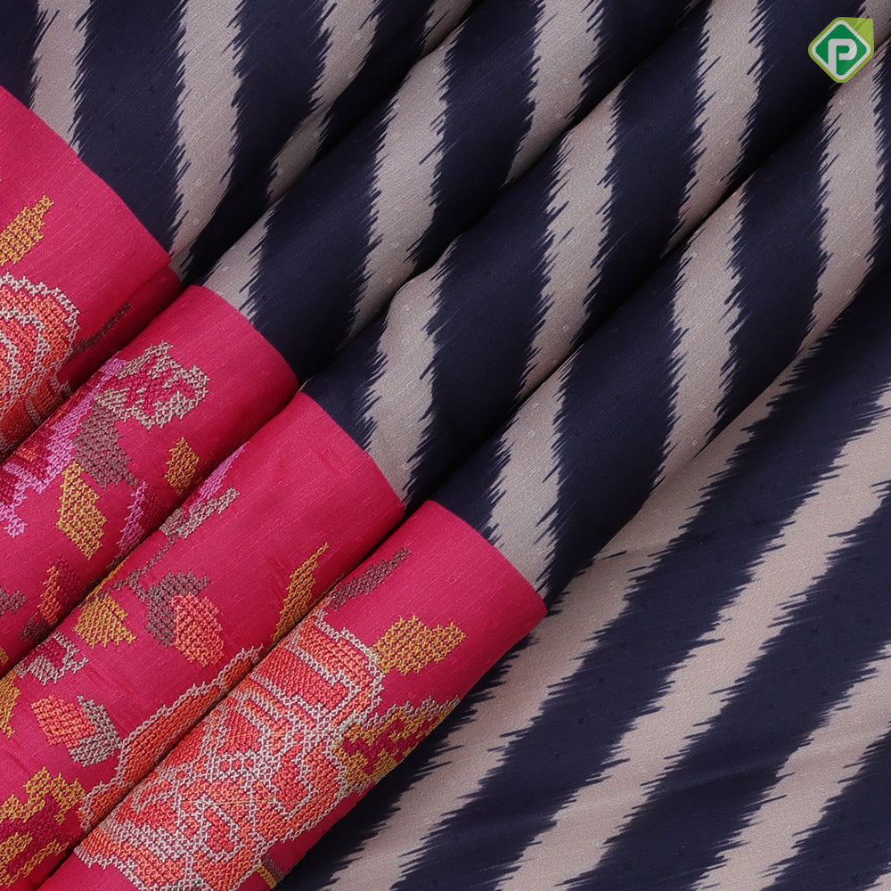 Black base beige color zebra cross lines contrast base multi color embroidered cut work border fancy dola silk saree