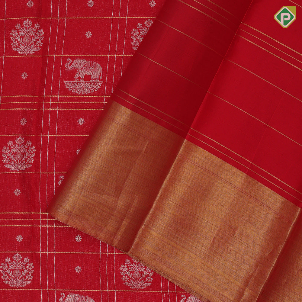 Tomato Red Silver Zari Elephant Flower Checked Design Self Colour Gold Zari Temple Border Design Traditional Silk Saree