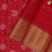Tomato Red Silver Zari Elephant Flower Checked Design Self Colour Gold Zari Temple Border Design Traditional Silk Saree