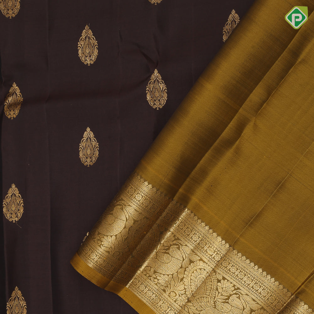 Coffee Brown Gold Zari Thilagam Butta Design Camel Colour Peacock Border Design Pure Mix Silk Saree