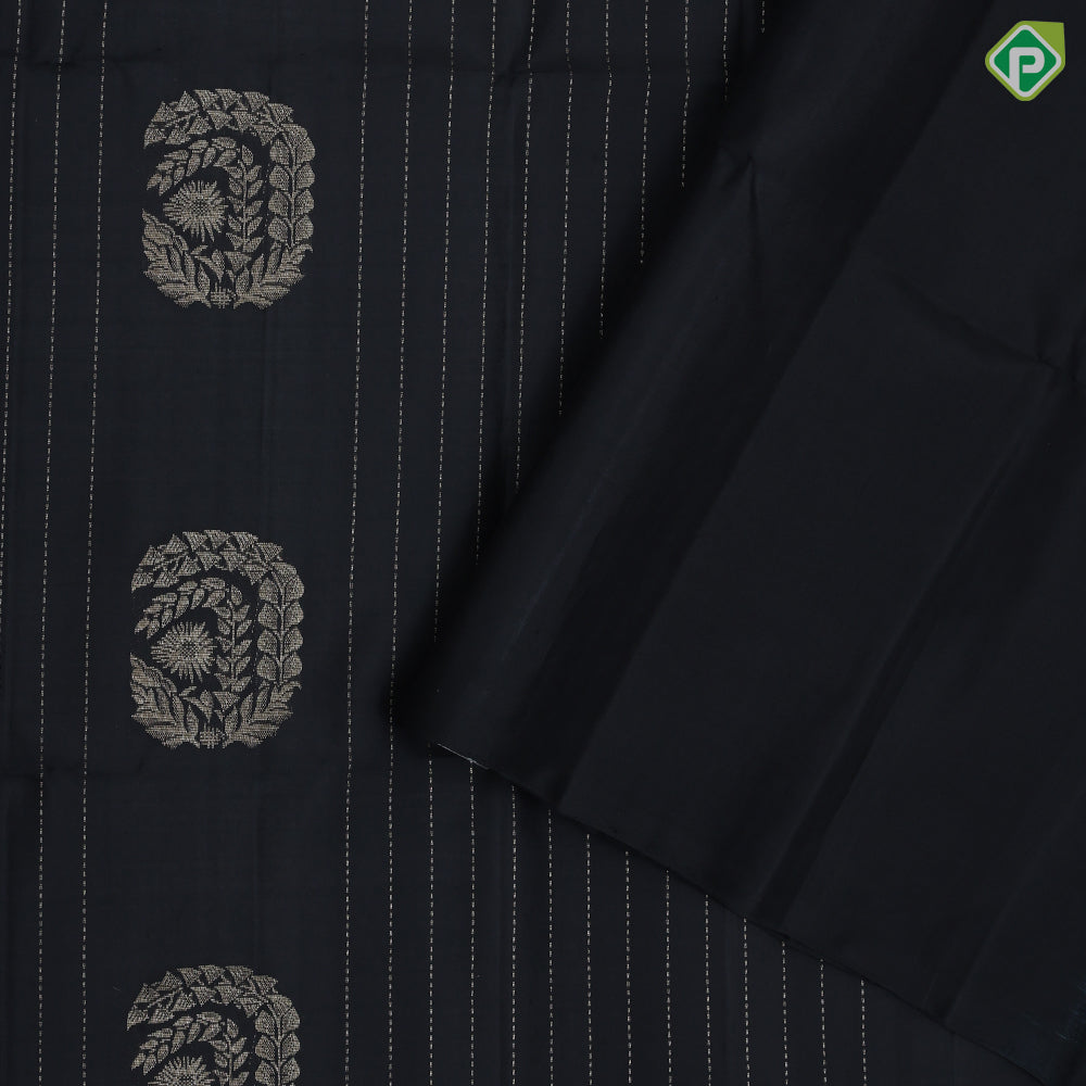 Black with silver gold zari rounded leaves design self gold zari border black special soft silk saree