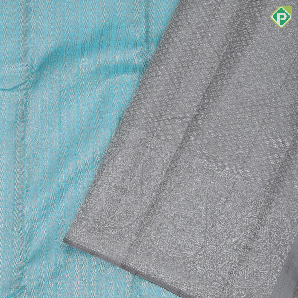 Sky blue silver zari stripes design light grey sliver zari mango butta vanasingaram border trendy designer silk saree