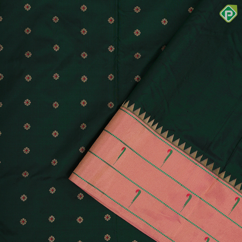 Dark green gold zari flowers butta design peach pink gold zari paithani work border and pallu design banaras style silk saree