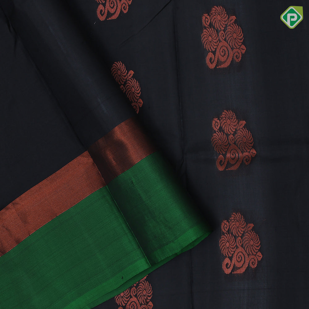 Black with copper zari fancy butta design contrast green copper zari border padded border soft silk saree