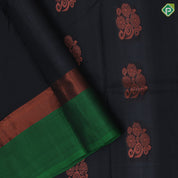 Black with copper zari fancy butta design contrast green copper zari border padded border soft silk saree