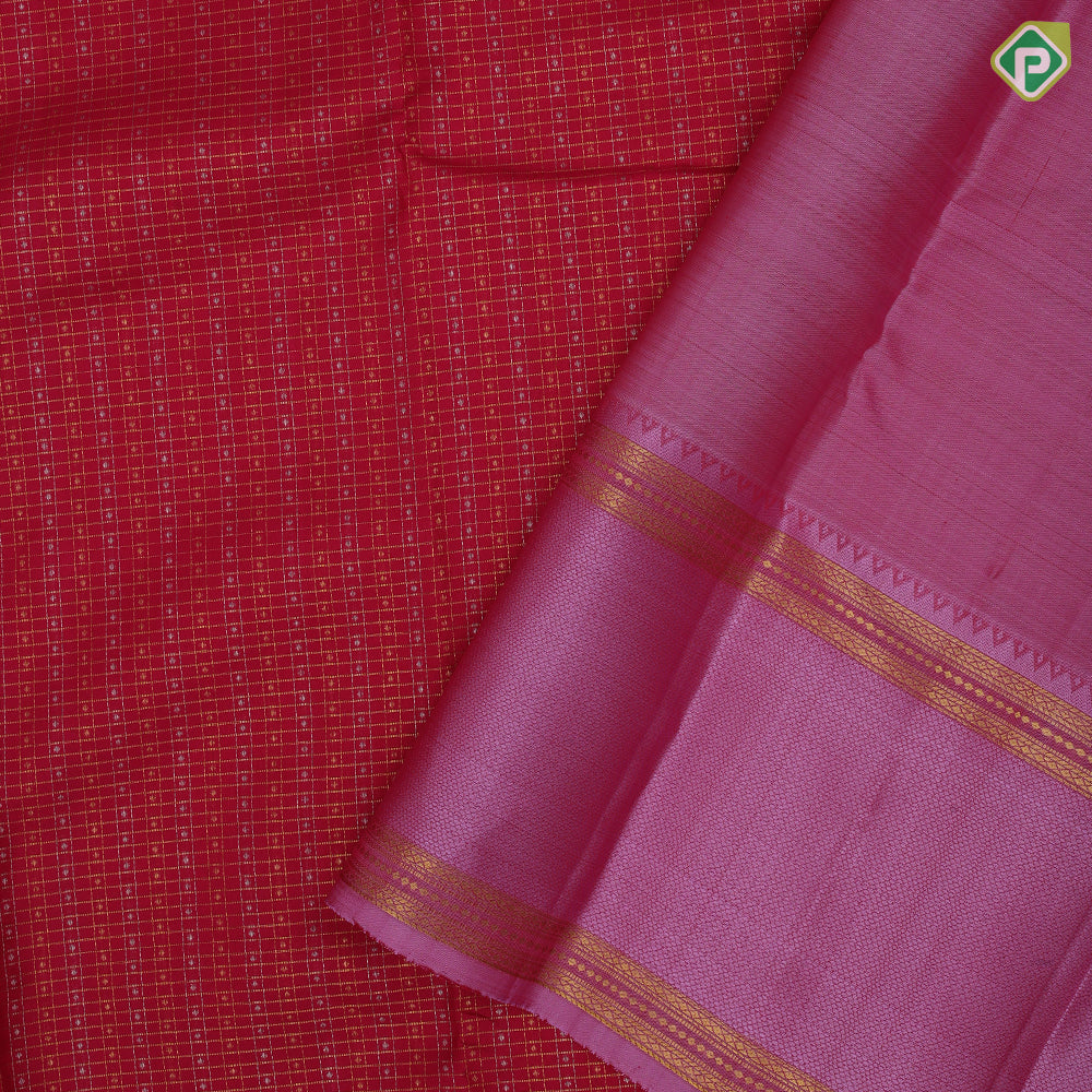 Reddish pink silver gold zari micro diamond checks pale pink gold zari retta pattai border traditional silk saree