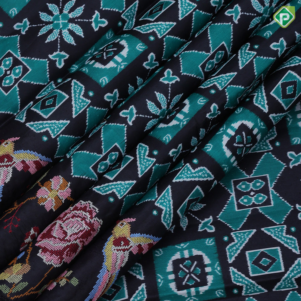 Black base trending color geometrical pattern self multi color embroidered border fancy dola silk saree