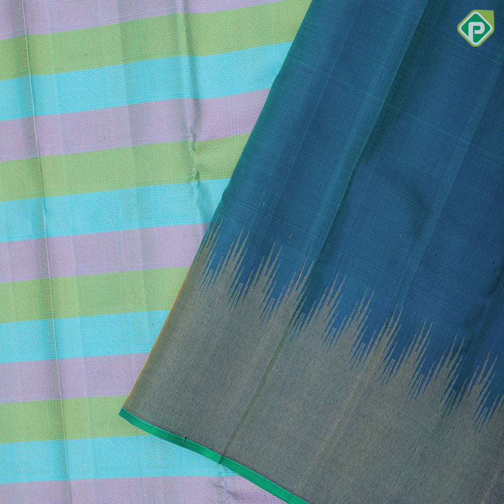 Multi color Lines self designed checked design Peacock blue gold zari temple green edge border silk saree