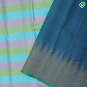Multi color Lines self designed checked design Peacock blue gold zari temple green edge border silk saree