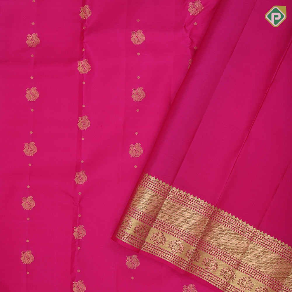 Rose pink gold zari peacock beads lines design self gold zari mayilkan flower butta border gift silk saree