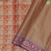 Honey orange silver zari filled gold zari checks geomatical design purple pythoni border bridal silk saree