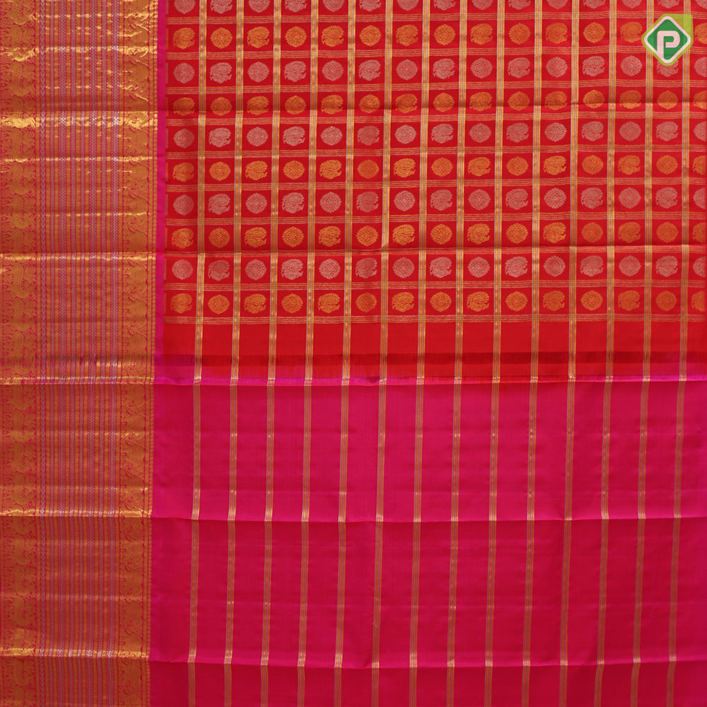Chilly red silver gold zari checks and annam chakkaram butta rani pink silver gold zari velthari lines pattu paavadai