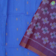 Cornflower blue gold zari chakkaram butta motifs self gold zari lines Ikkat design pallu concept linen soft silk saree