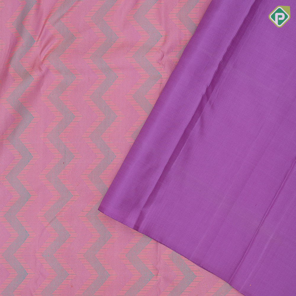 Light pink multi color thread work zig zag design self gold zari big fancy floral butta motifs border trendy designer silk saree