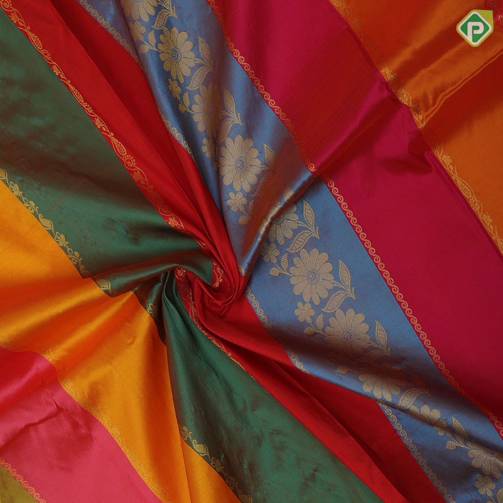 Multi color stripes and gold zari floral design contrast color gold zari creeper border pattu paavadai thavani 3 in 1 set