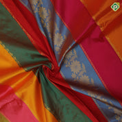 Multi color stripes and gold zari floral design contrast color gold zari creeper border pattu paavadai thavani 3 in 1 set