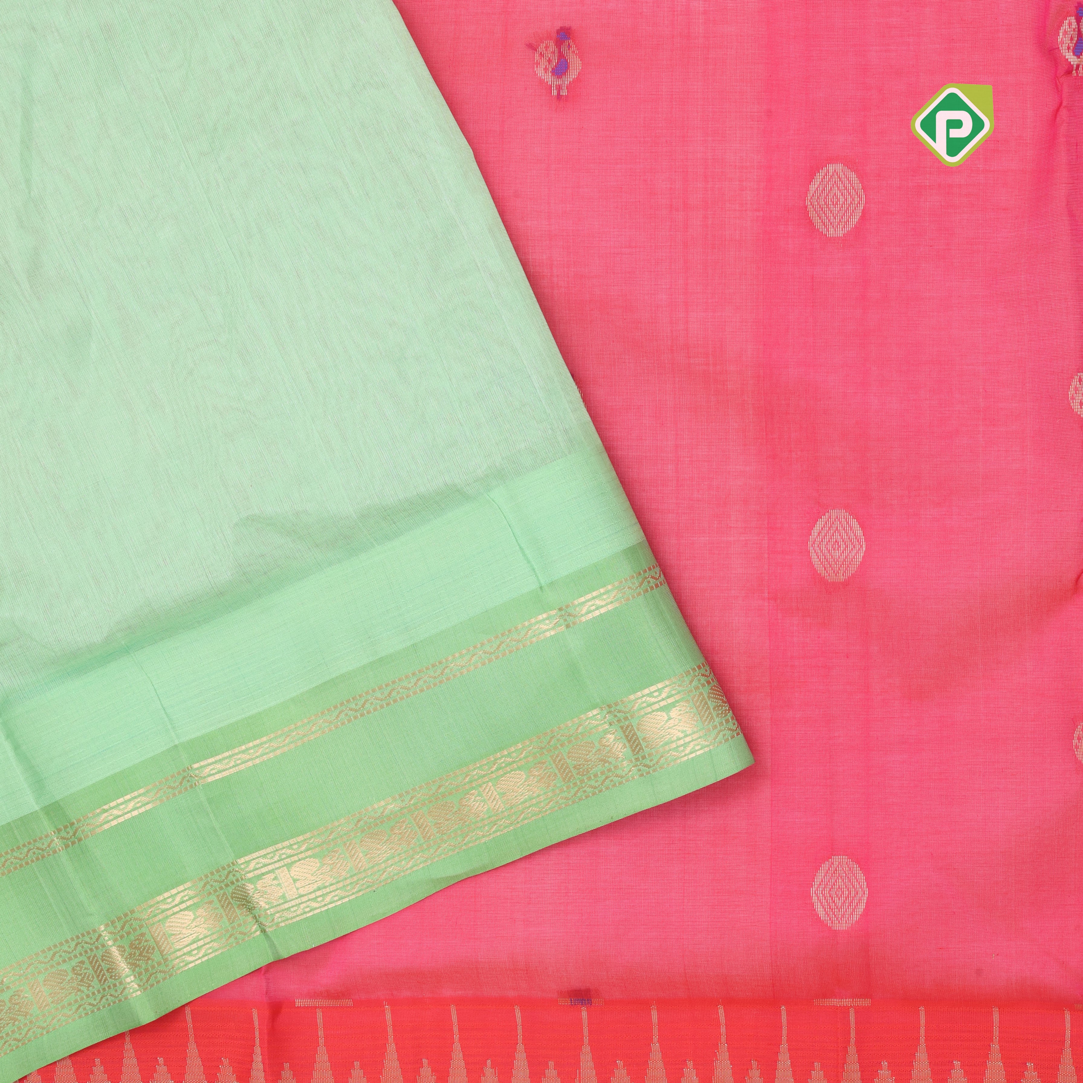 Rani pink with zari butta meena work pista green gold zari border kuppadam silk cotton saree