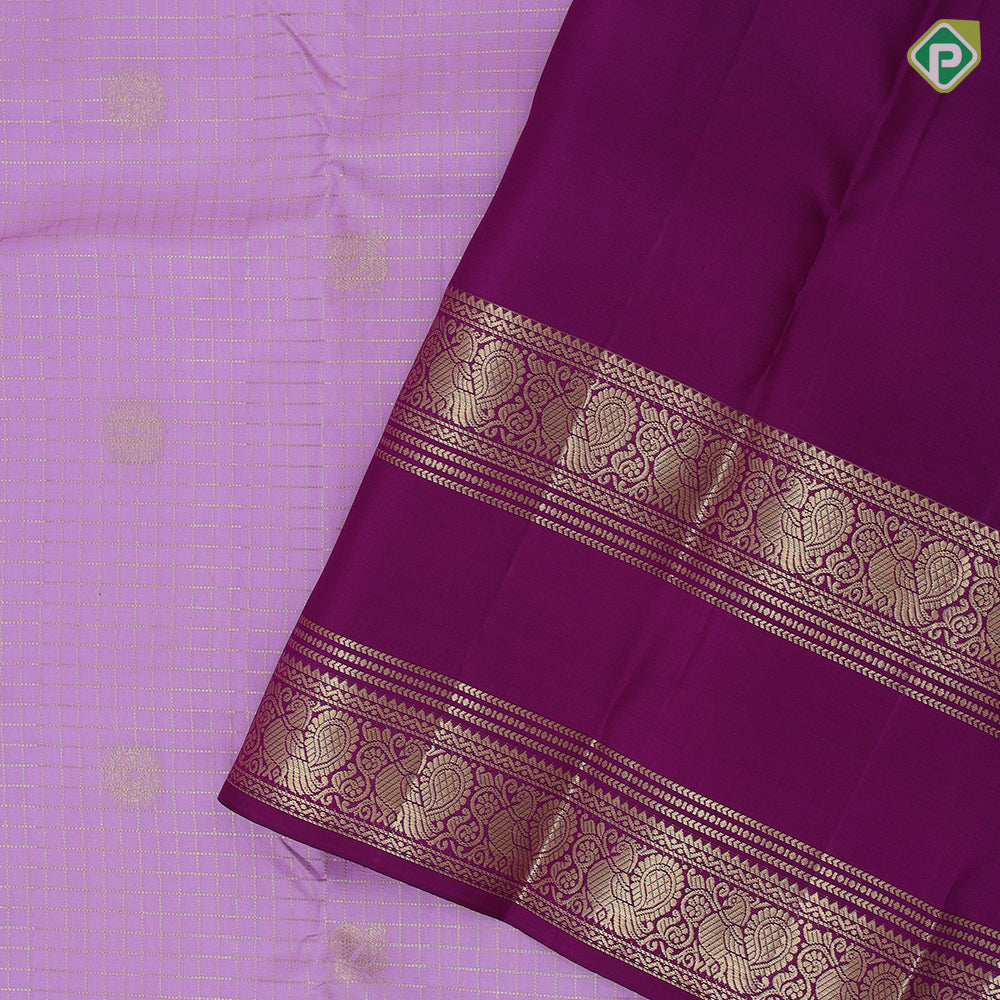 Lavender with gold zari vairaoosi checks butta design self gold zari retta pett border traditional silk saree
