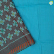 Turquoise blue gold zari fancy flower stripes self gold zari border ikkat style pallu linen soft silk saree