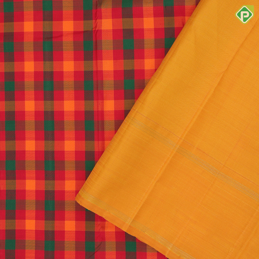 Brighten multi color checks design mango yellow gold zari retta pett border paalum pazhamum traditional silk saree