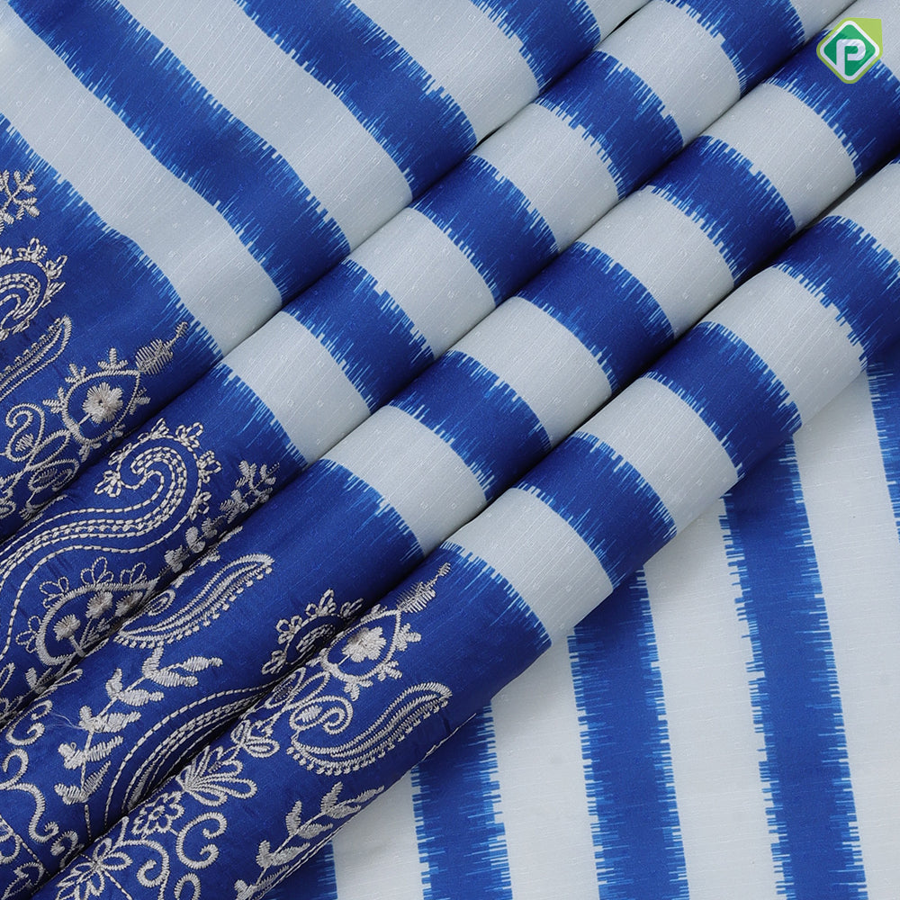 Pastel color base white track lines self embroidery border dola fancy silk saree