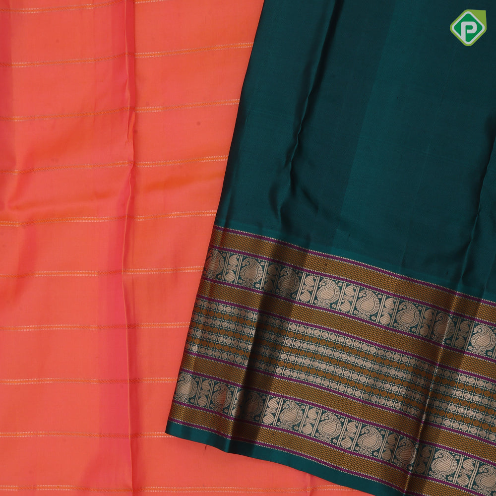 peach orange gold zari padded thread lines bottle green gold zari meena work lines border traditional silk saree
