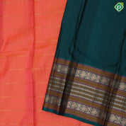 peach orange gold zari padded thread lines bottle green gold zari meena work lines border traditional silk saree
