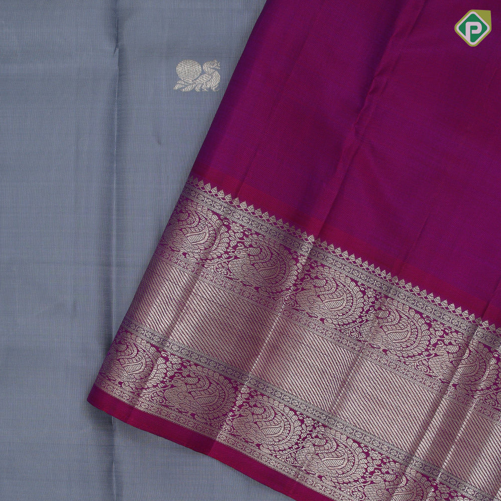 Steel grey silver gold zari Annam butta design self silver gold zari multi lines meena work border traditional Navratri silk saree