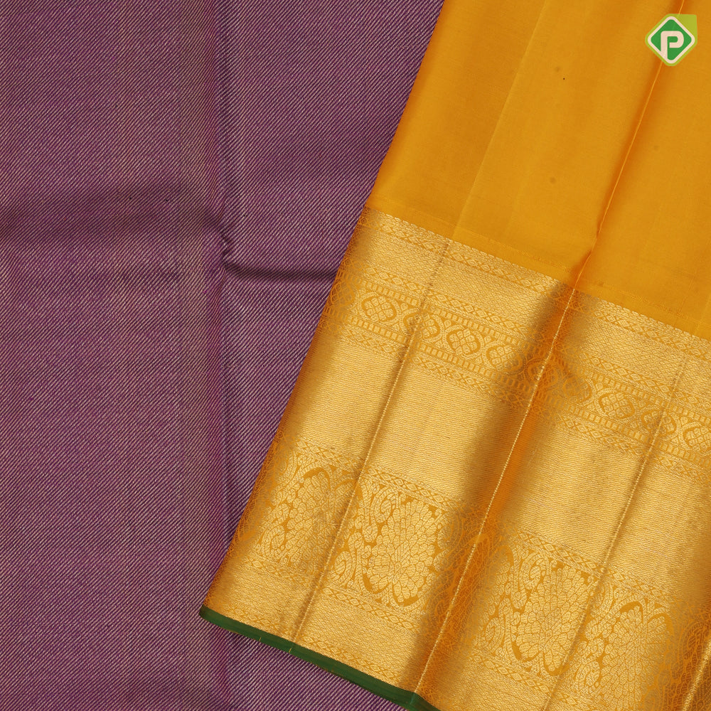 Purple brown gold zari self tissue lines mustard yellow gold zari green edge border bridal silk saree