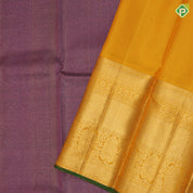 Purple brown gold zari self tissue lines mustard yellow gold zari green edge border bridal silk saree