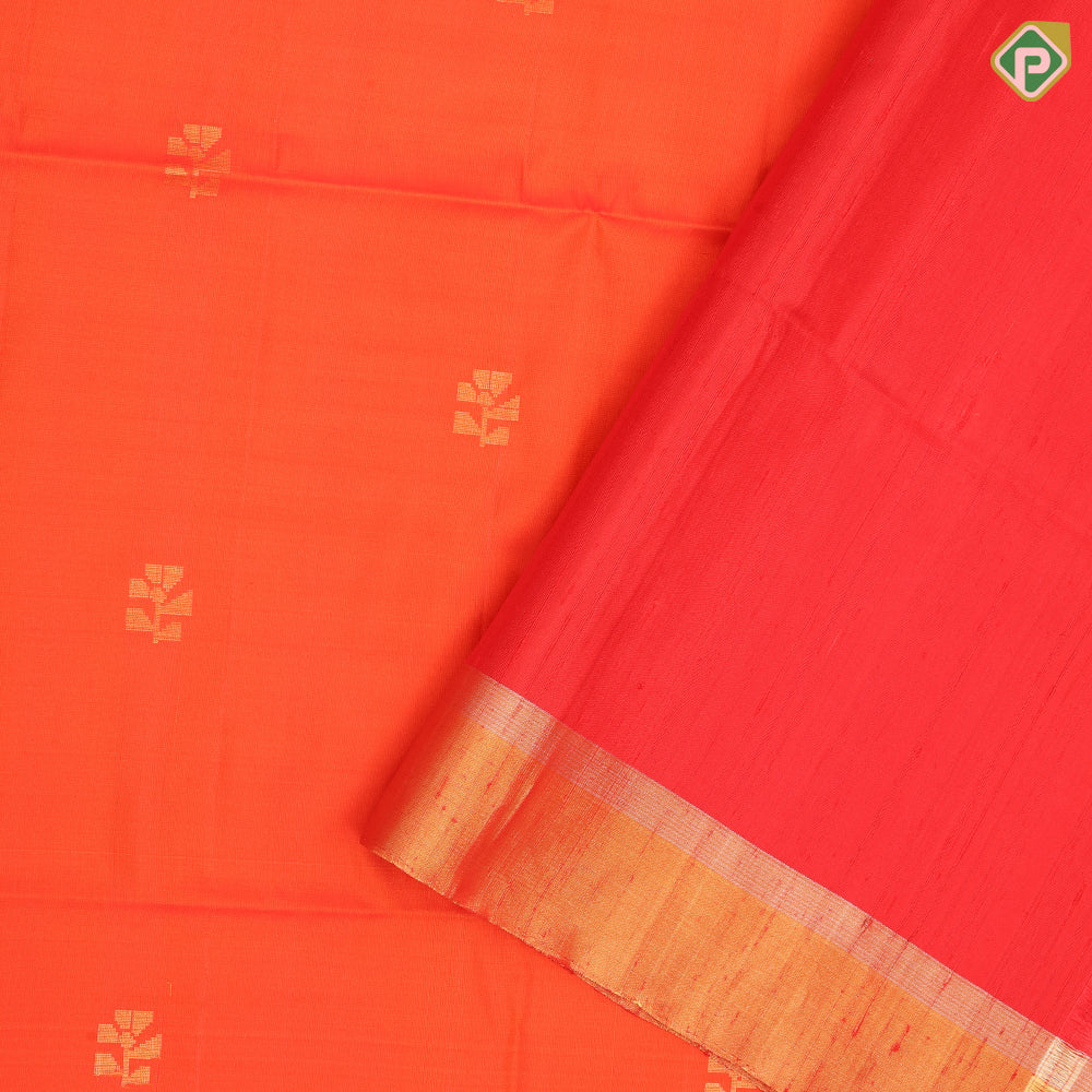 Honey orange gold zari fancy leaf butta design self gold zari border soft silk saree