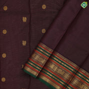 Dark claret red gold zari vairaoosi chakkaram butta motifs self gold zari multi color lines green edge border retro silk saree