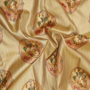 Mustard gold Radhe Krishna Meena work design contrast red gold zari double peacock butta border signature silk saree