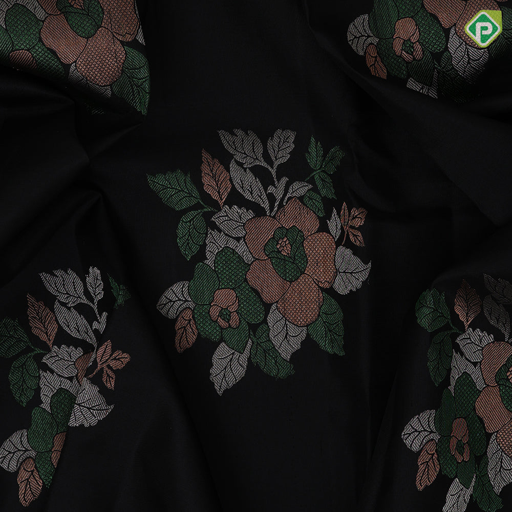 Luxury black with multi color zari flower bunch butta design borderless luxury black silk saree