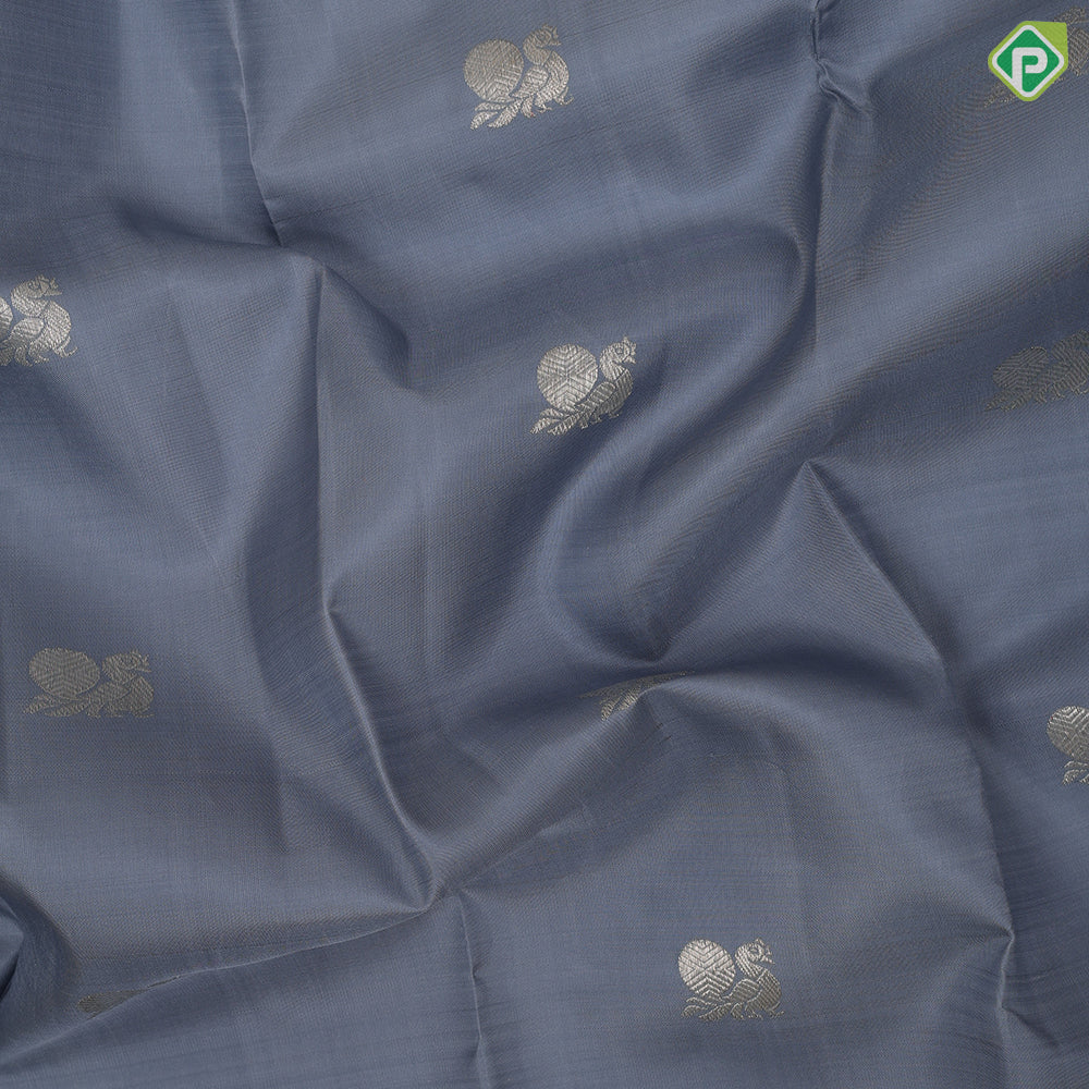 Steel grey silver gold zari Annam butta design self silver gold zari multi lines meena work border traditional Navratri silk saree