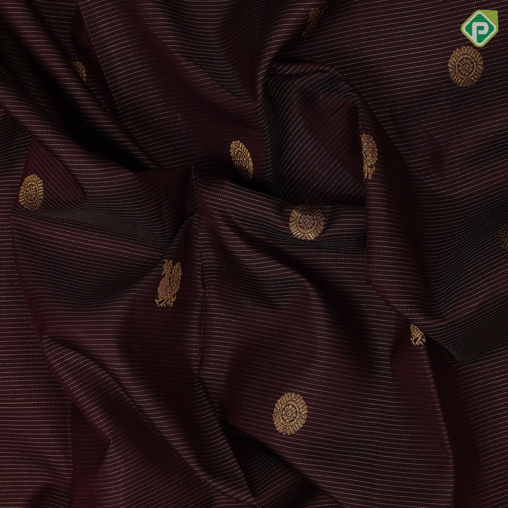 Dark claret red gold zari vairaoosi chakkaram butta motifs self gold zari multi color lines green edge border retro silk saree