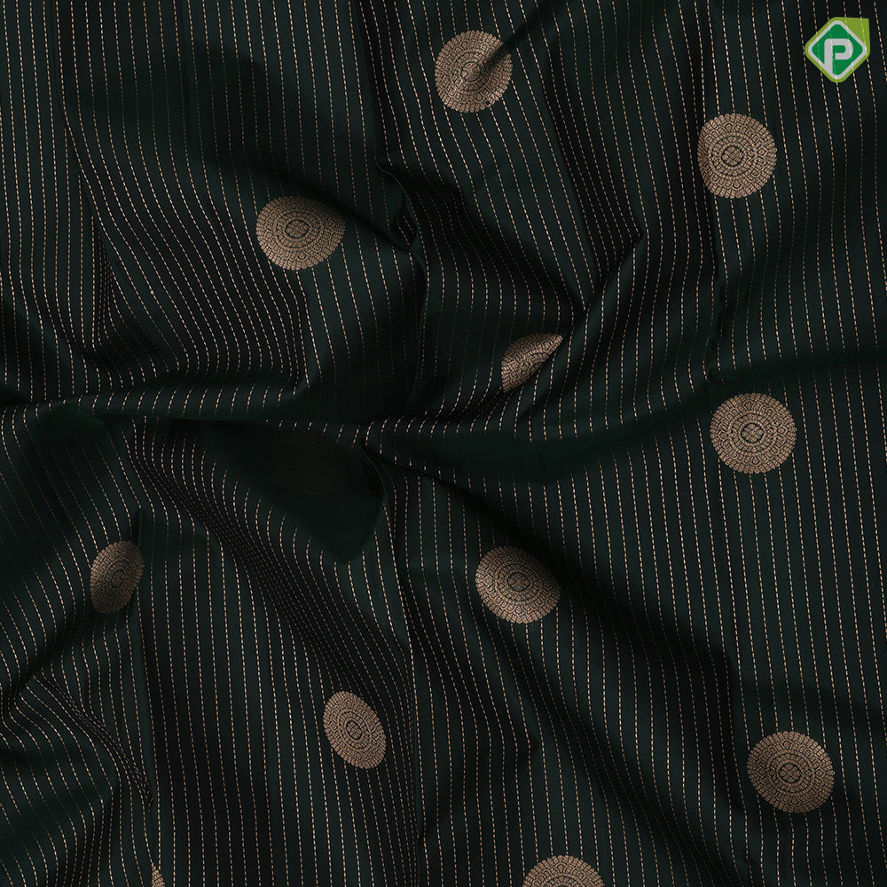 Bottle Green Gold Zari Vairaoosi Lines Chagara Design Self Colour Ruthracham Mayilkan Border Design Traditional Silk Saree