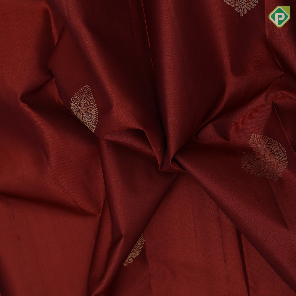 Rust orange gold zari double parrot thilagam design syrup brown gold zari peacock arch banaras style border gift silk saree