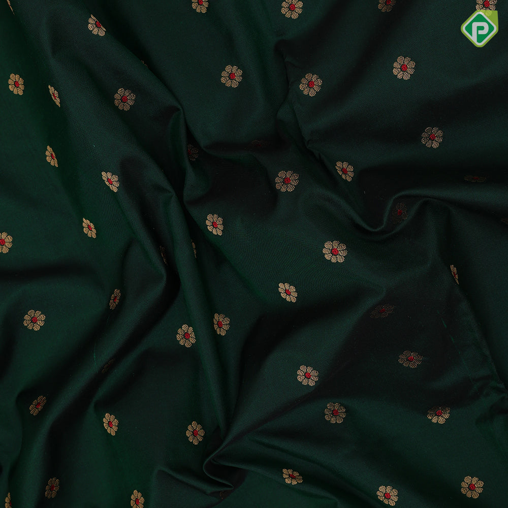 Dark green gold zari flowers butta design peach pink gold zari paithani work border and pallu design banaras style silk saree