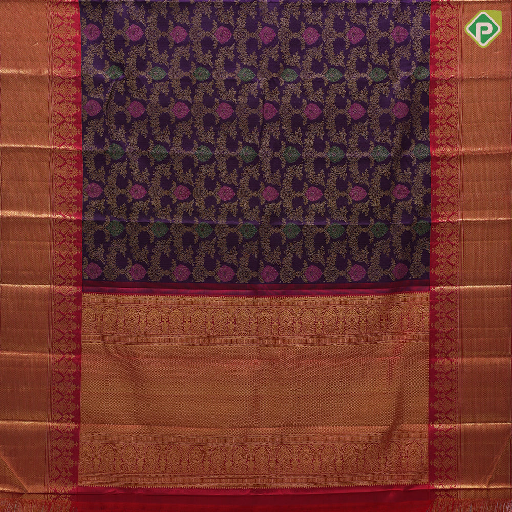 Purple blue gold zari meena work grand creeper design rani red gold zari mayilkan fancy floral border grand bridal silk saree