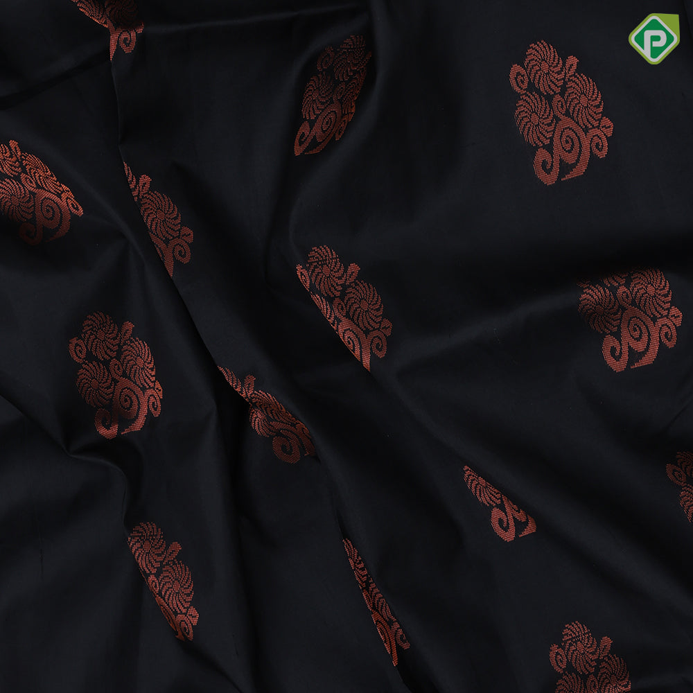 Black with copper zari fancy butta design contrast green copper zari border padded border soft silk saree