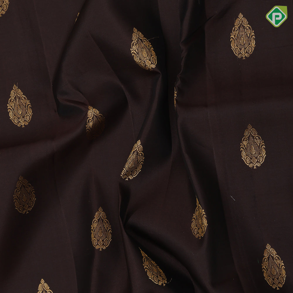 Coffee Brown Gold Zari Thilagam Butta Design Camel Colour Peacock Border Design Pure Mix Silk Saree