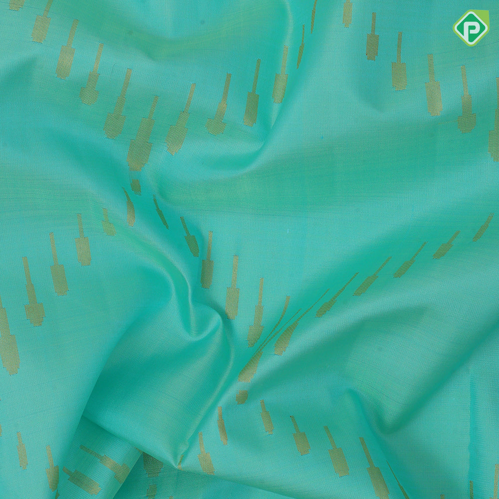 Sea green gold zari organized rain drop tissue weaved self gold zari edge border pythonic border pallu concept signature edition silk saree