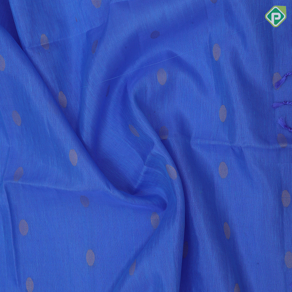 Cornflower blue gold zari chakkaram butta motifs self gold zari lines Ikkat design pallu concept linen soft silk saree