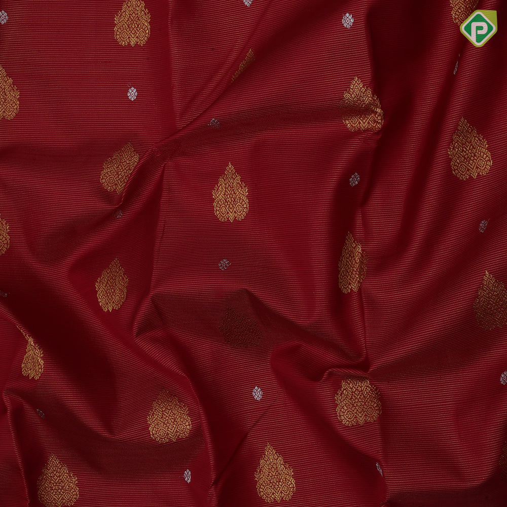 Cherry red gold zari thilagam butta vairaoosi self gold zari diamond design border koorai silk saree