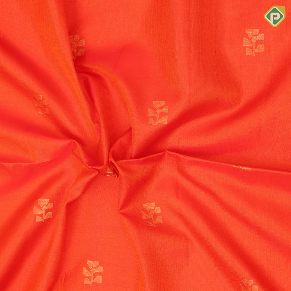 Honey orange gold zari fancy leaf butta design self gold zari border soft silk saree