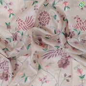 cream base multi color floral embroidered design peach cream gold zari star diamond lines border kora silk saree